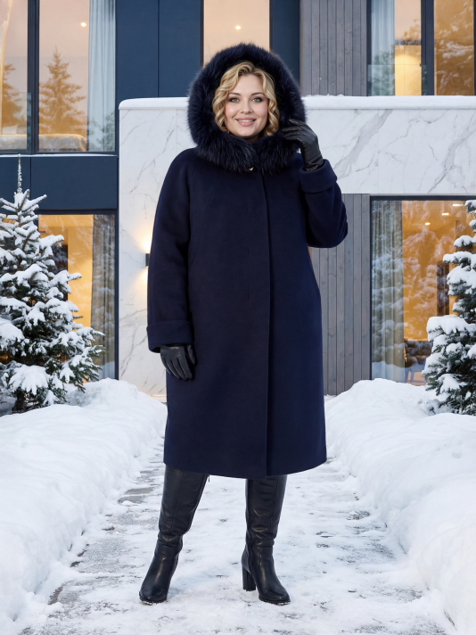 Пальто зимнее больших размеров, цвет синий в интернет-магазине Фабрики Тревери