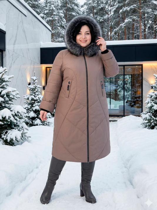 Фото модели 96313 — капучино Пуховик больших размеров с капюшоном, цвет коричневый в интернет-магазине Фабрики Тревери