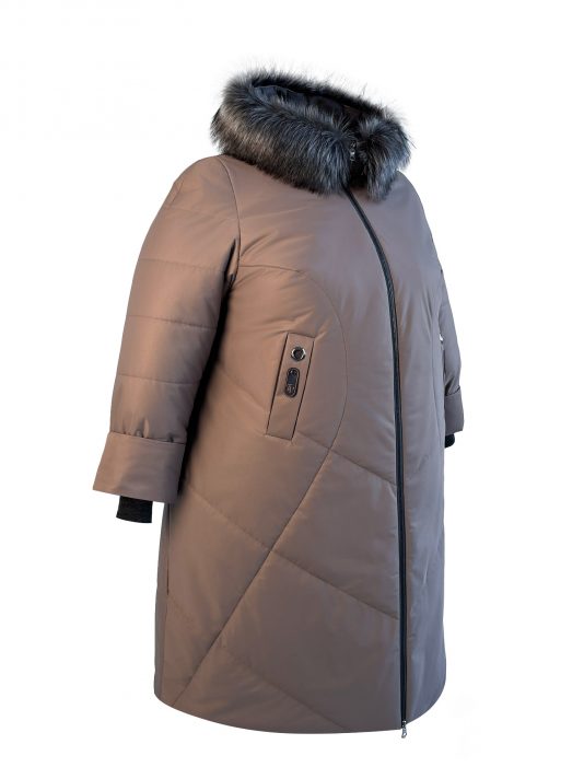 Зимнее женское пальто с цветной отделкой и чернобуркой , цвет коричневый в интернет-магазине Фабрики Тревери