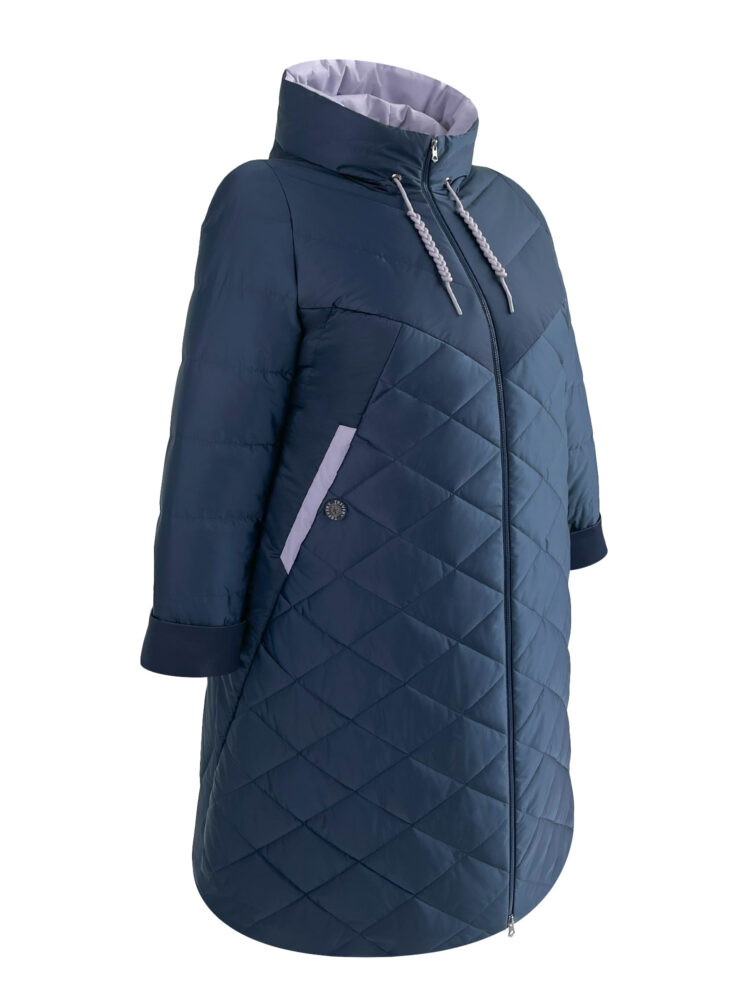 Пальто больших размеров с капюшоном, модель 93433 в цвете синий с серым