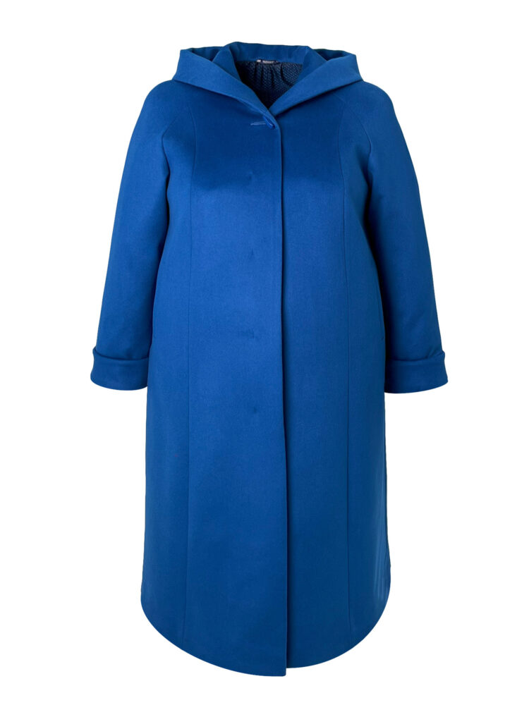 Пальто больших размеров с капюшоном, модель 96905-2 в цвете синий