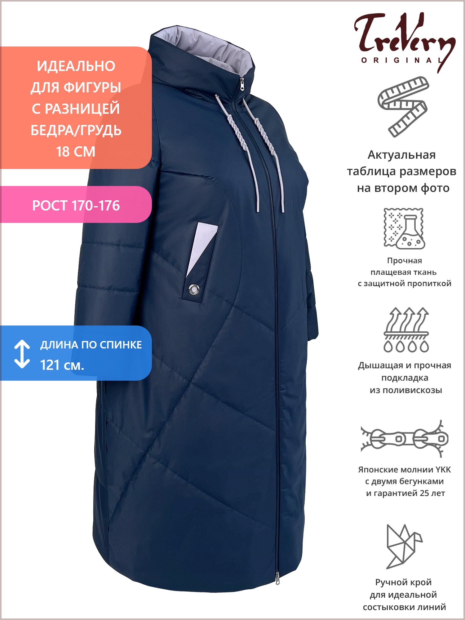 Женское пальто из двух видов стежки с цветной отделкой, цвет синий в интернет-магазине Фабрики Тревери