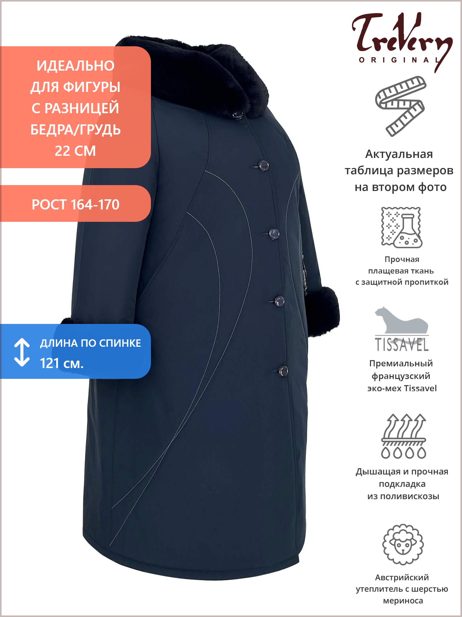 Женское пальто с отделочной строчкой, дизайнерской подвеской и эко-мехом, цвет синий в интернет-магазине Фабрики Тревери