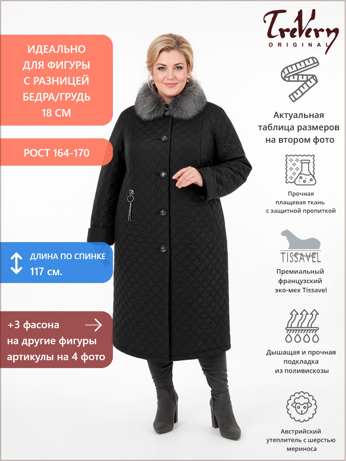 Пальто зимнее больших размеров, цвет черный в интернет-магазине Фабрики Тревери