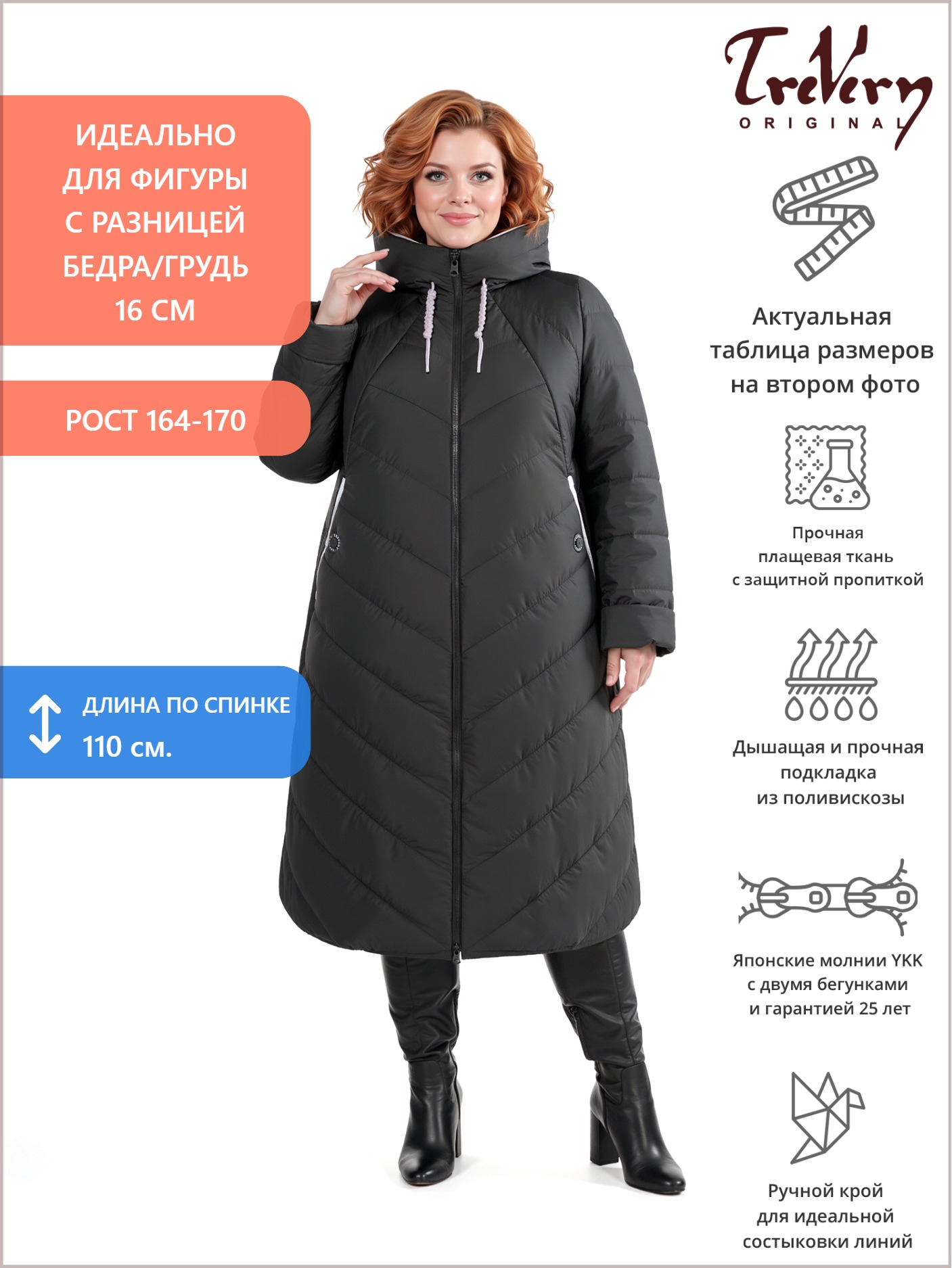 Пальто больших размеров с капюшоном, цвет черный в интернет-магазине Фабрики Тревери