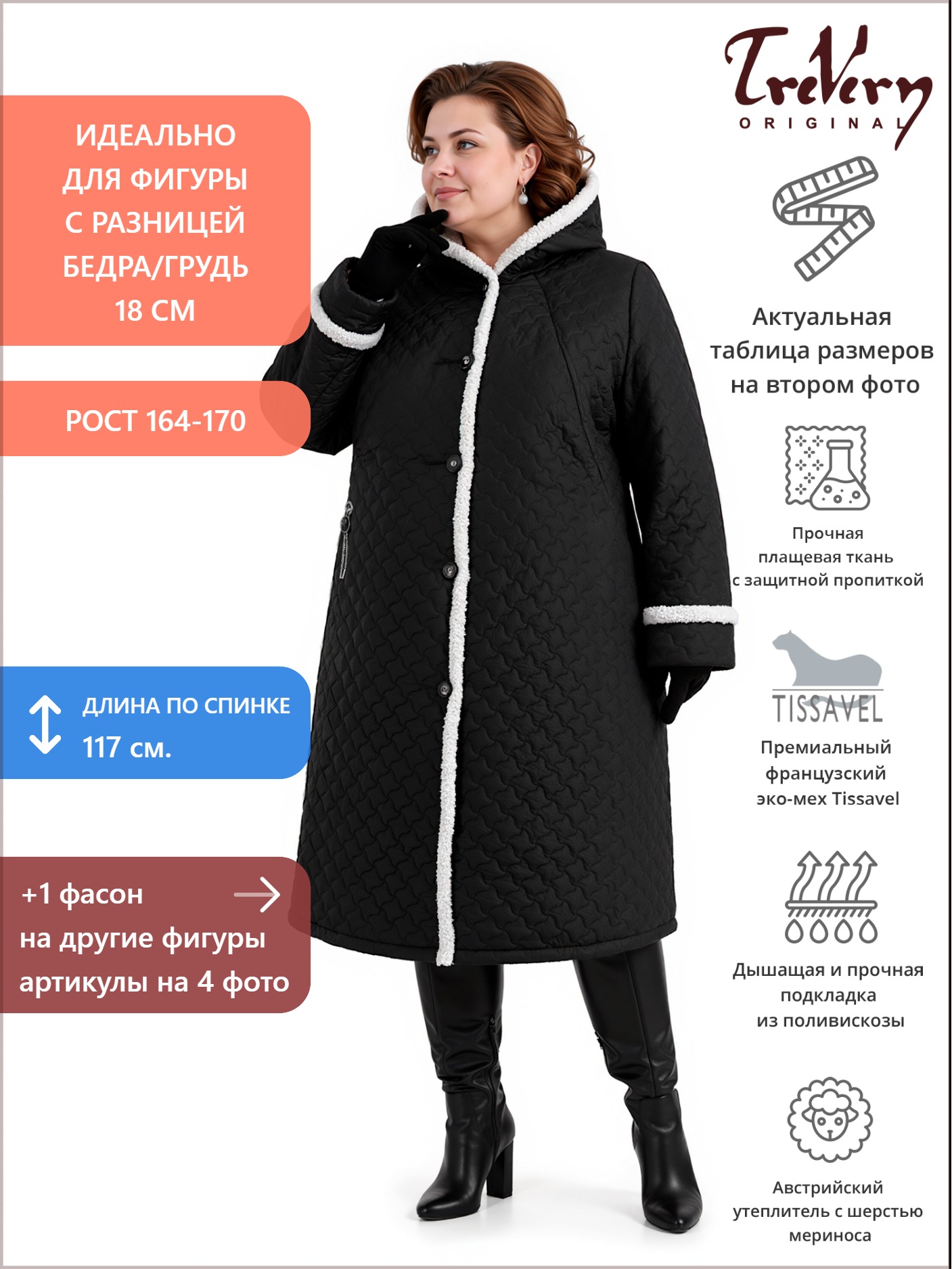 Пальто зимнее больших размеров, цвет черный в интернет-магазине Фабрики Тревери