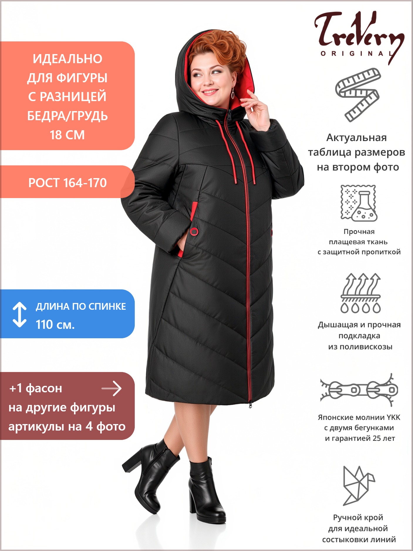 Пальто больших размеров с капюшоном, цвет черный в интернет-магазине Фабрики Тревери