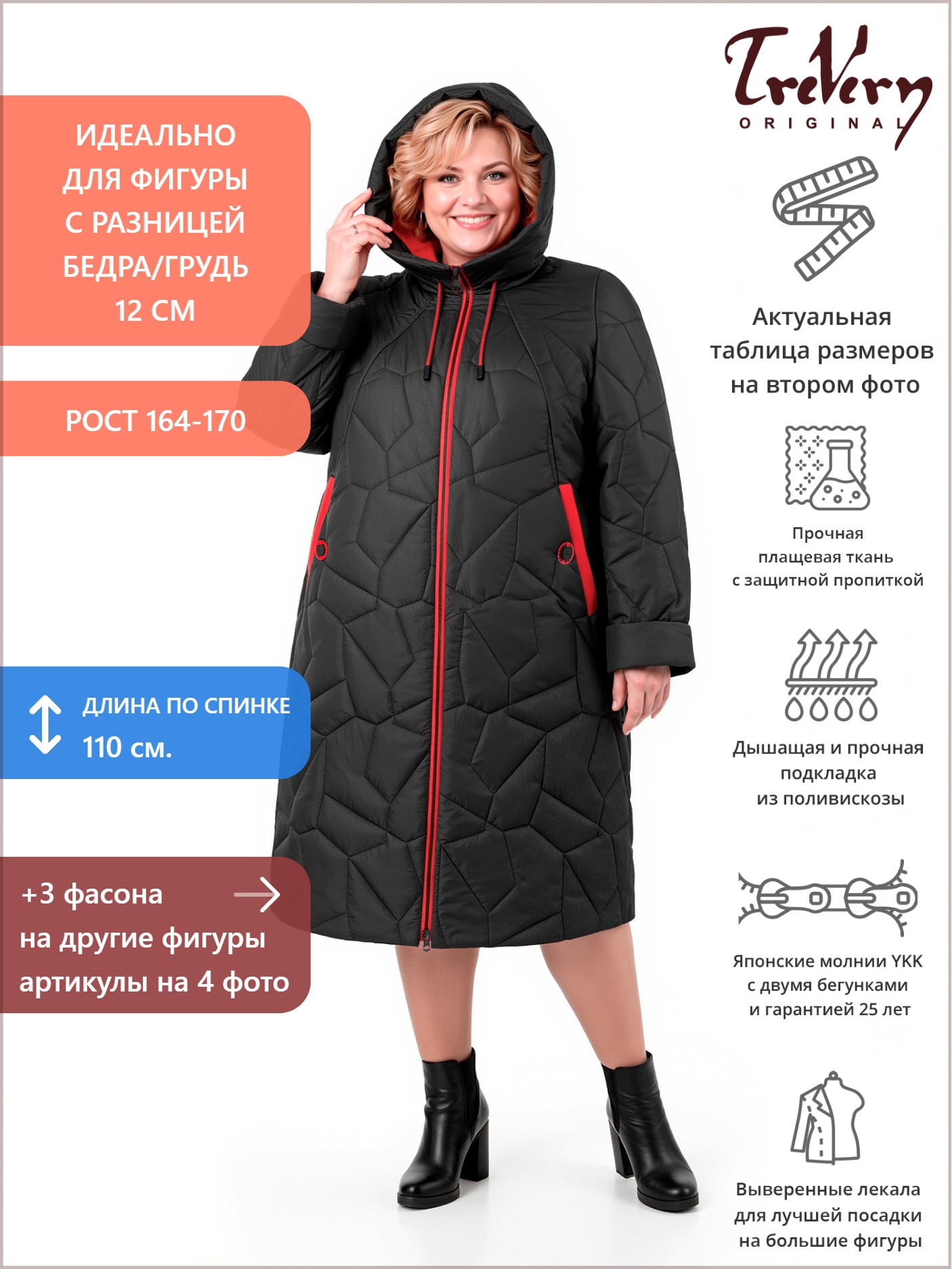 Пальто больших размеров с капюшоном, цвет черный в интернет-магазине Фабрики Тревери