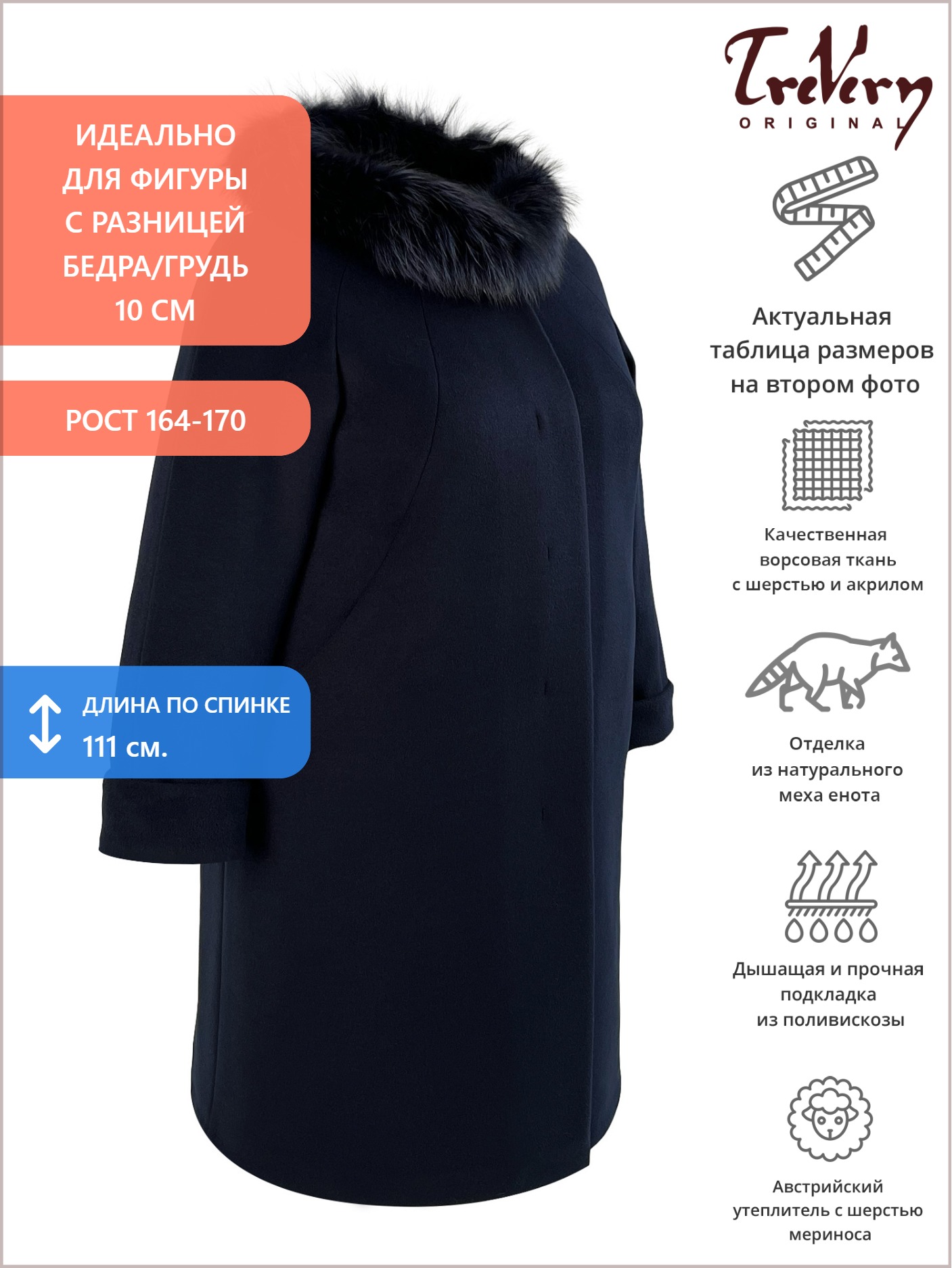 Зимнее женское пальто из драпа, цвет синий в интернет-магазине Фабрики Тревери