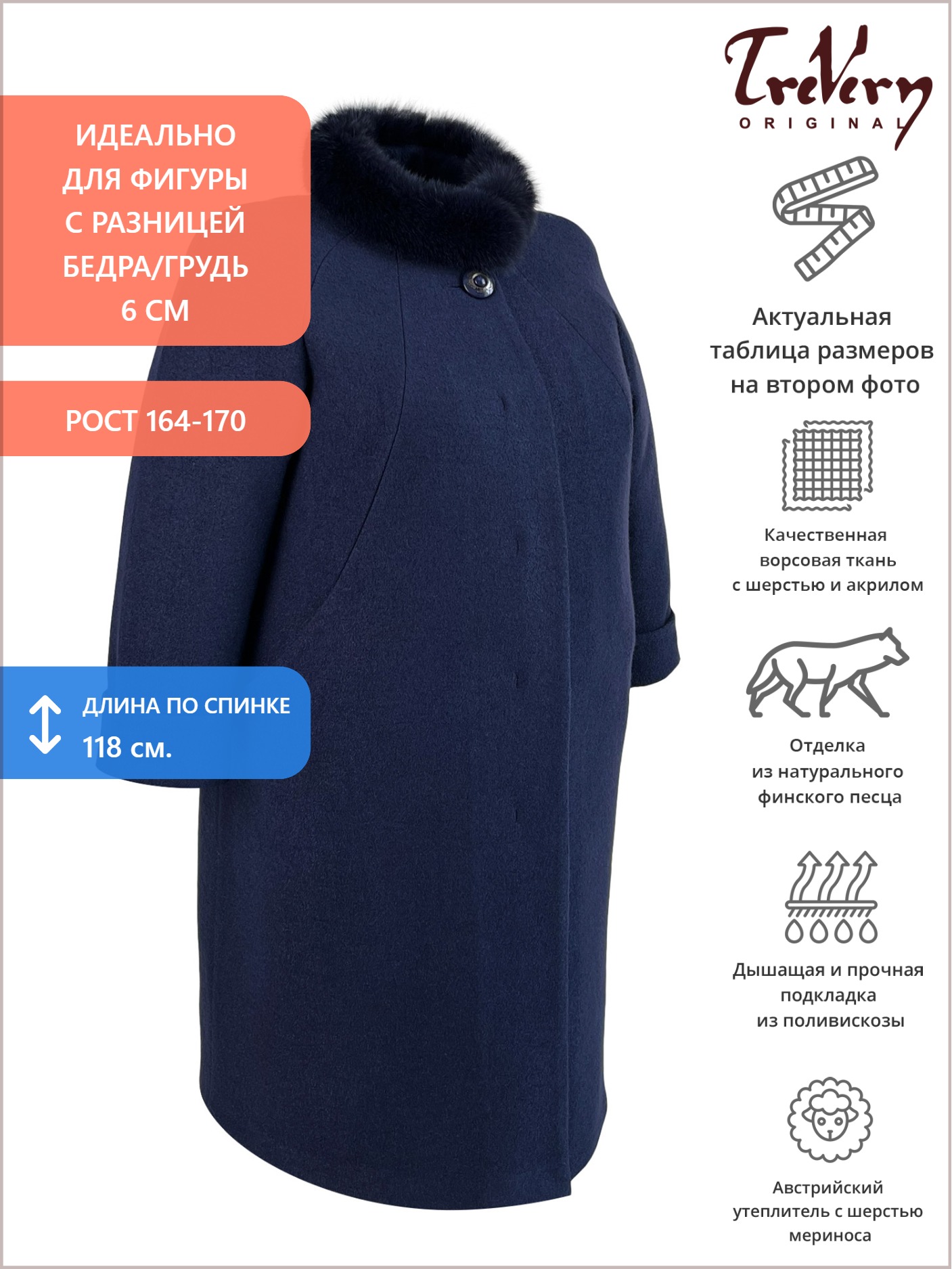 Зимнее женское пальто из драпа со стойкой и мехом, цвет синий в интернет-магазине Фабрики Тревери