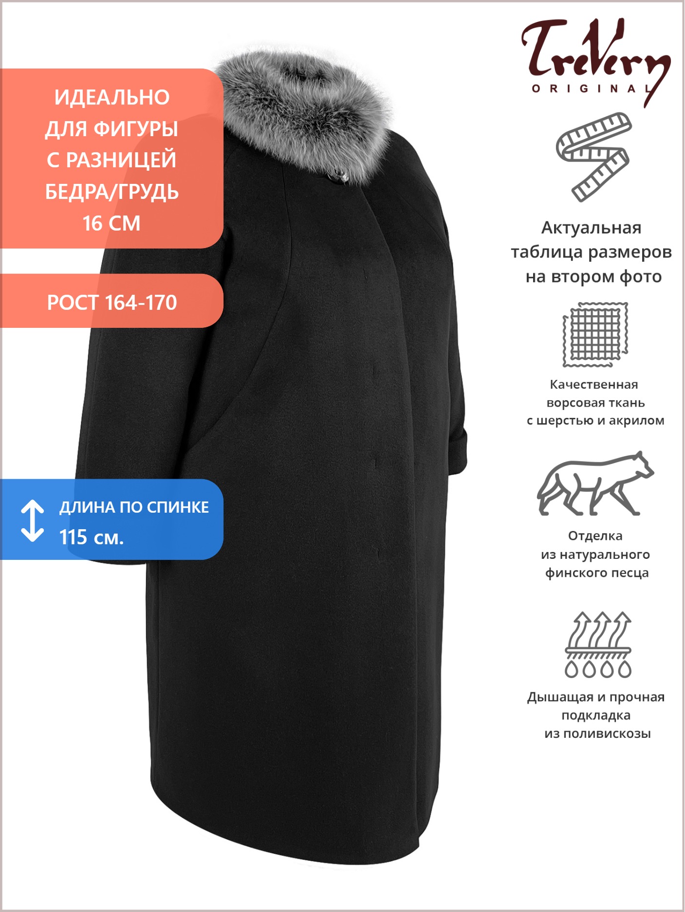 Зимнее женское пальто из драпа, цвет черный в интернет-магазине Фабрики Тревери